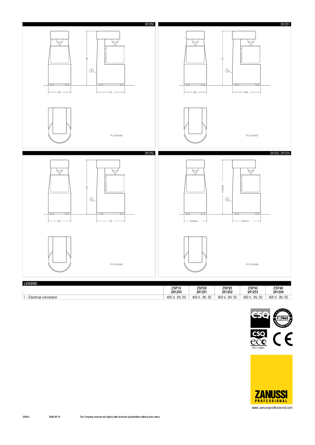 Zanussi ZSP20, ZSP25, ZSP10, ZSP40, ZSP30, 291251, 291252, 291254, 291253, 291250 dimensions Zanussi, O F E S S I O N a L, GAA01 