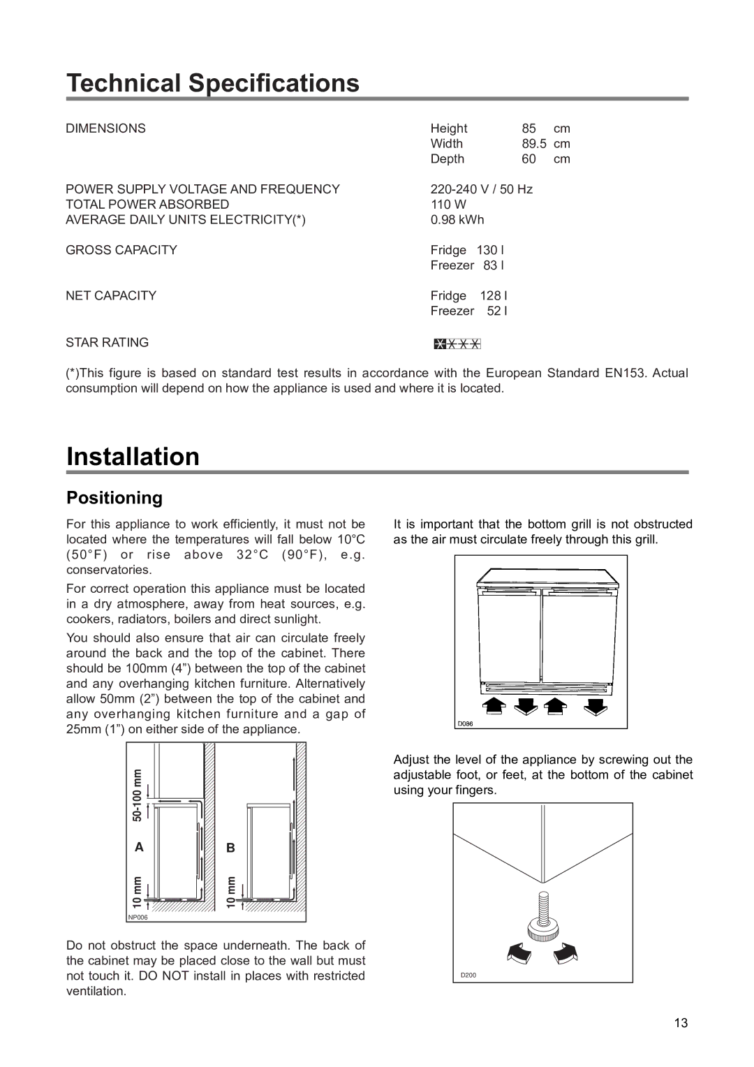 Zanussi ZSS 7/5 X, ZSS 7/5 W manual Technical Specifications, Installation, Positioning 