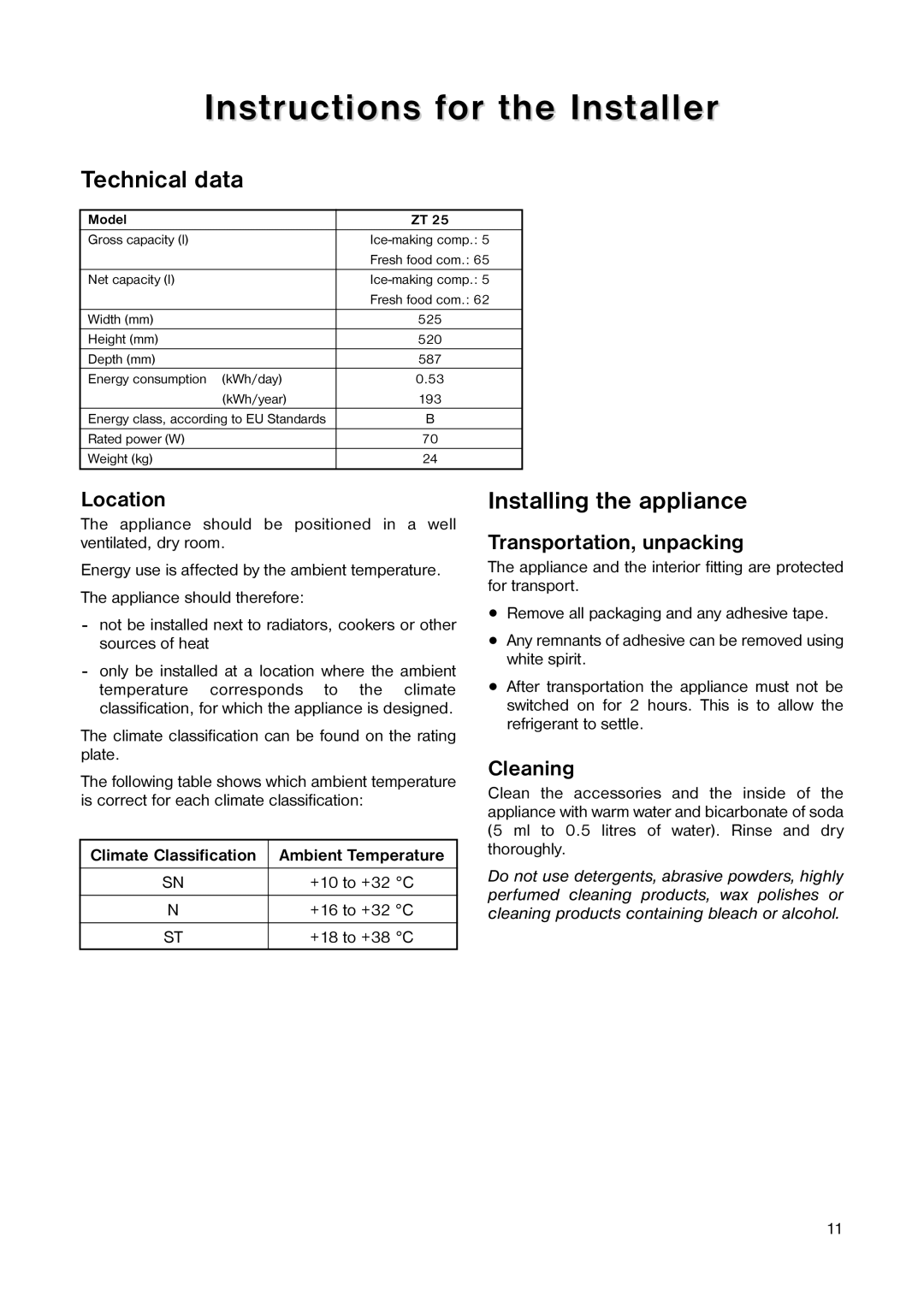 Zanussi ZT 25 manual Instructions for the Installer, Technical data, Installing the appliance 