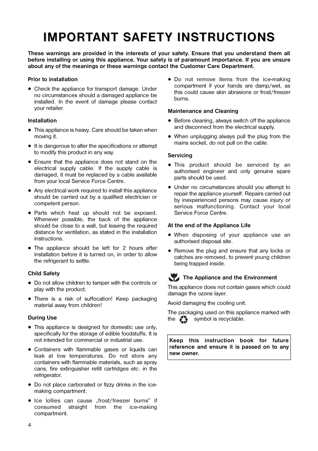 Zanussi ZT 25 manual Important Safety Instructions, Installation 