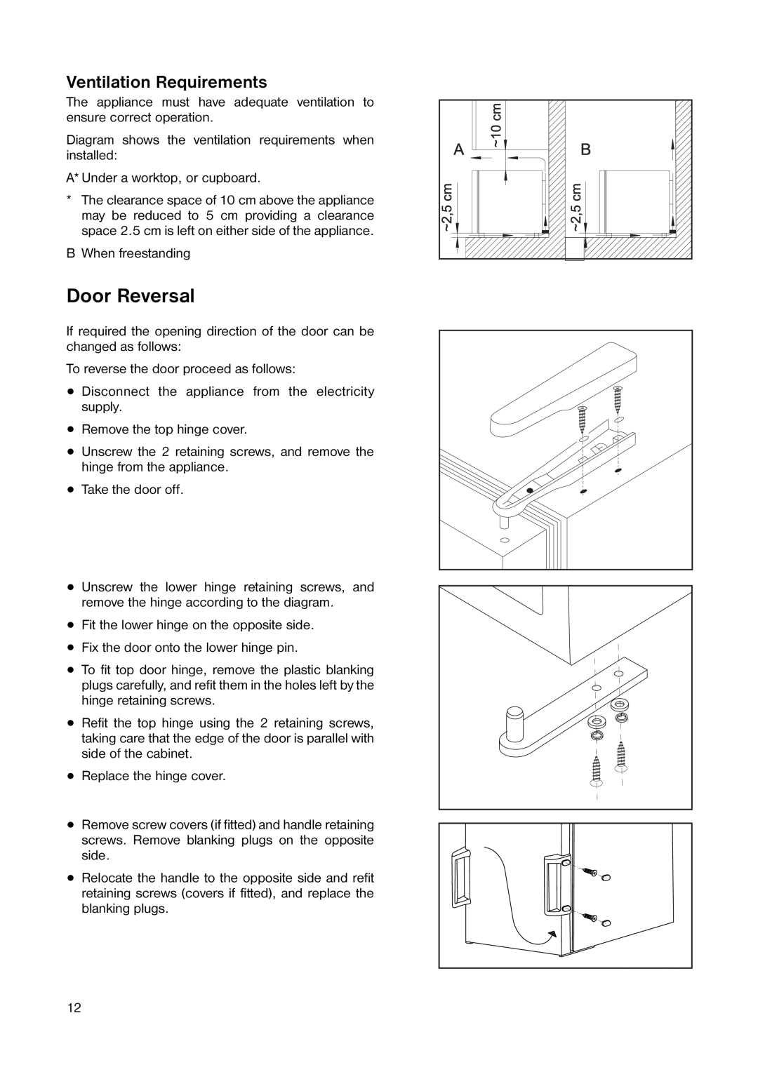 Zanussi ZT 25 manual Door Reversal, Ventilation Requirements 