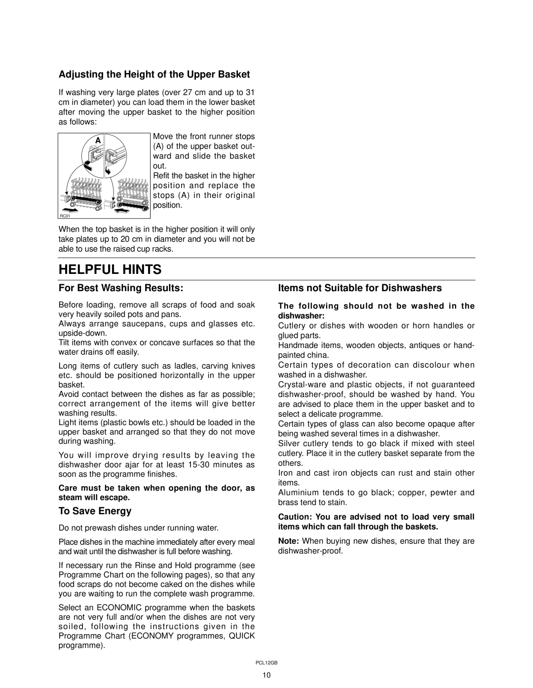 Zanussi ZT 415 manual Helpful Hints, Adjusting the Height of the Upper Basket, For Best Washing Results, To Save Energy 