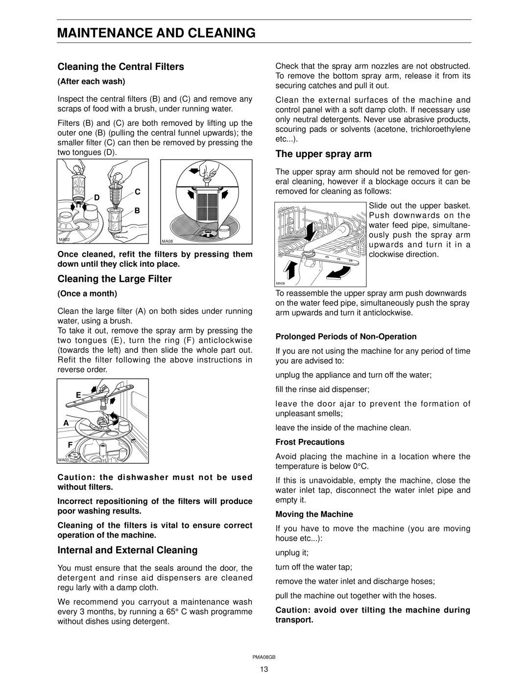 Zanussi ZT 415 manual Maintenance and Cleaning, Cleaning the Central Filters, Cleaning the Large Filter, Upper spray arm 