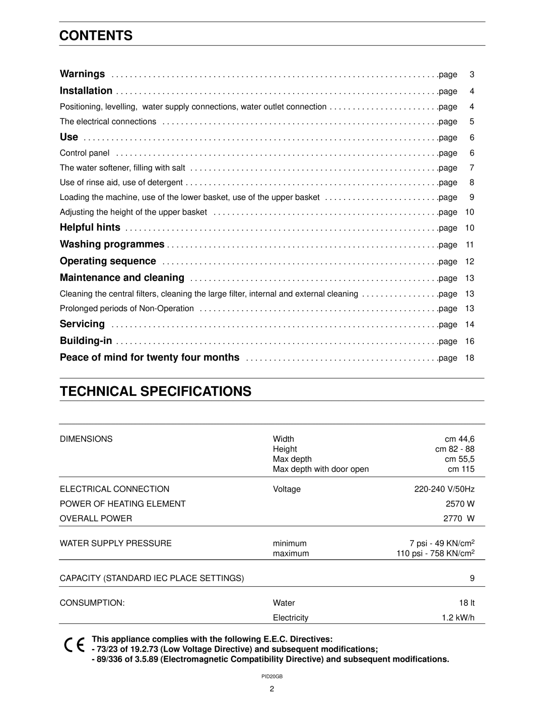 Zanussi ZT 415 manual Contents, Technical Specifications 