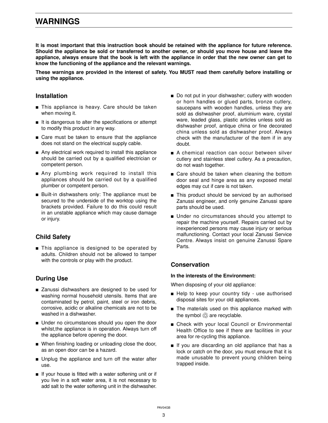 Zanussi ZT 415 manual Installation, Child Safety, During Use, Conservation, Interests of the Environment 