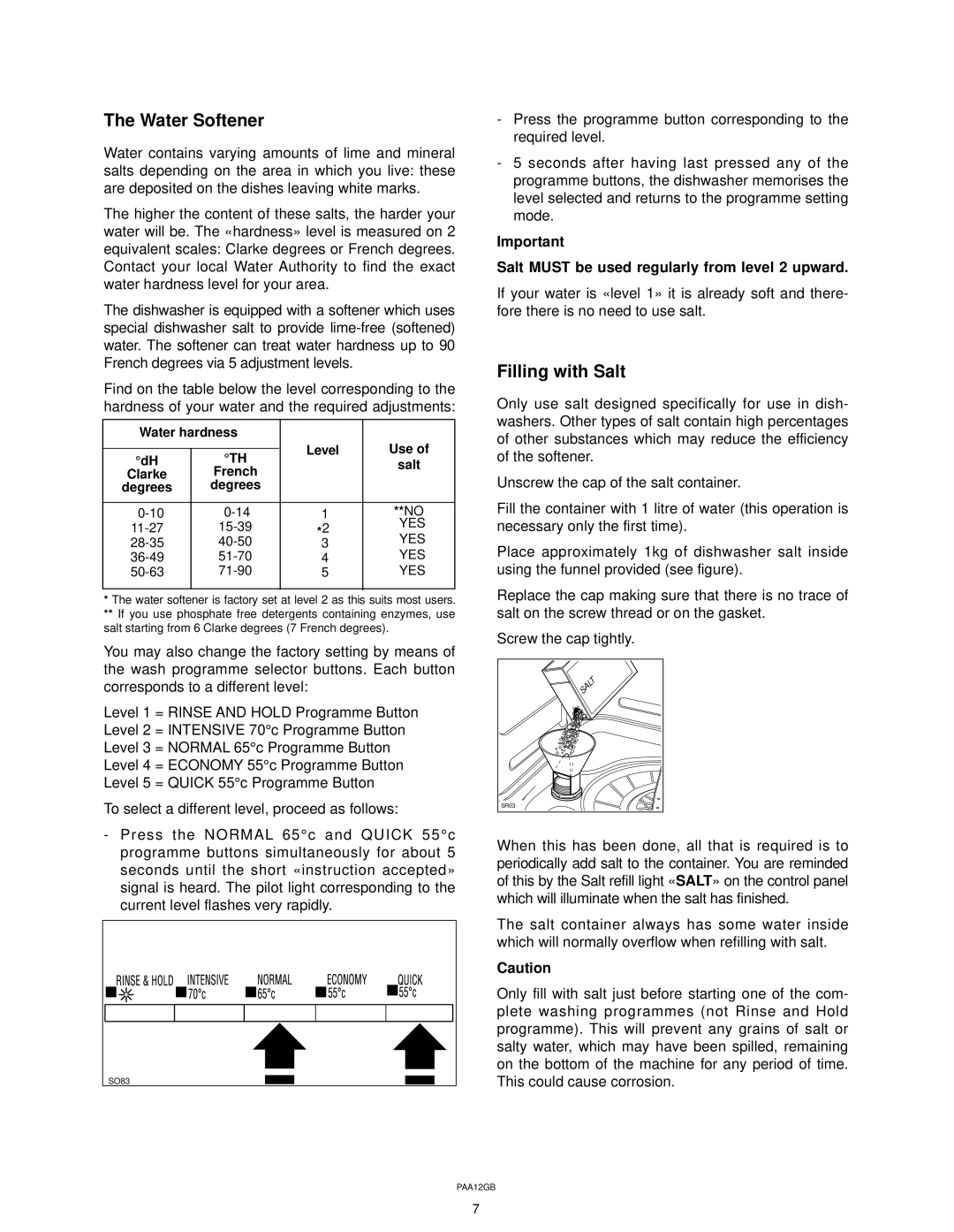 Zanussi ZT 415 manual Water Softener, Filling with Salt, Salt Must be used regularly from level 2 upward 