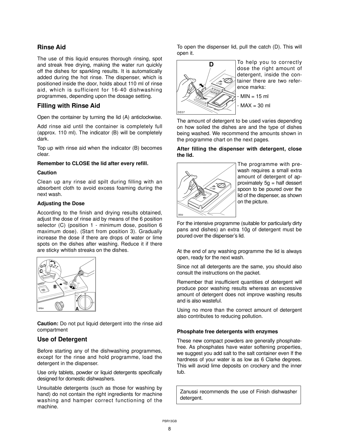 Zanussi ZT 415 Filling with Rinse Aid, Use of Detergent, Adjusting the Dose, Phosphate free detergents with enzymes 