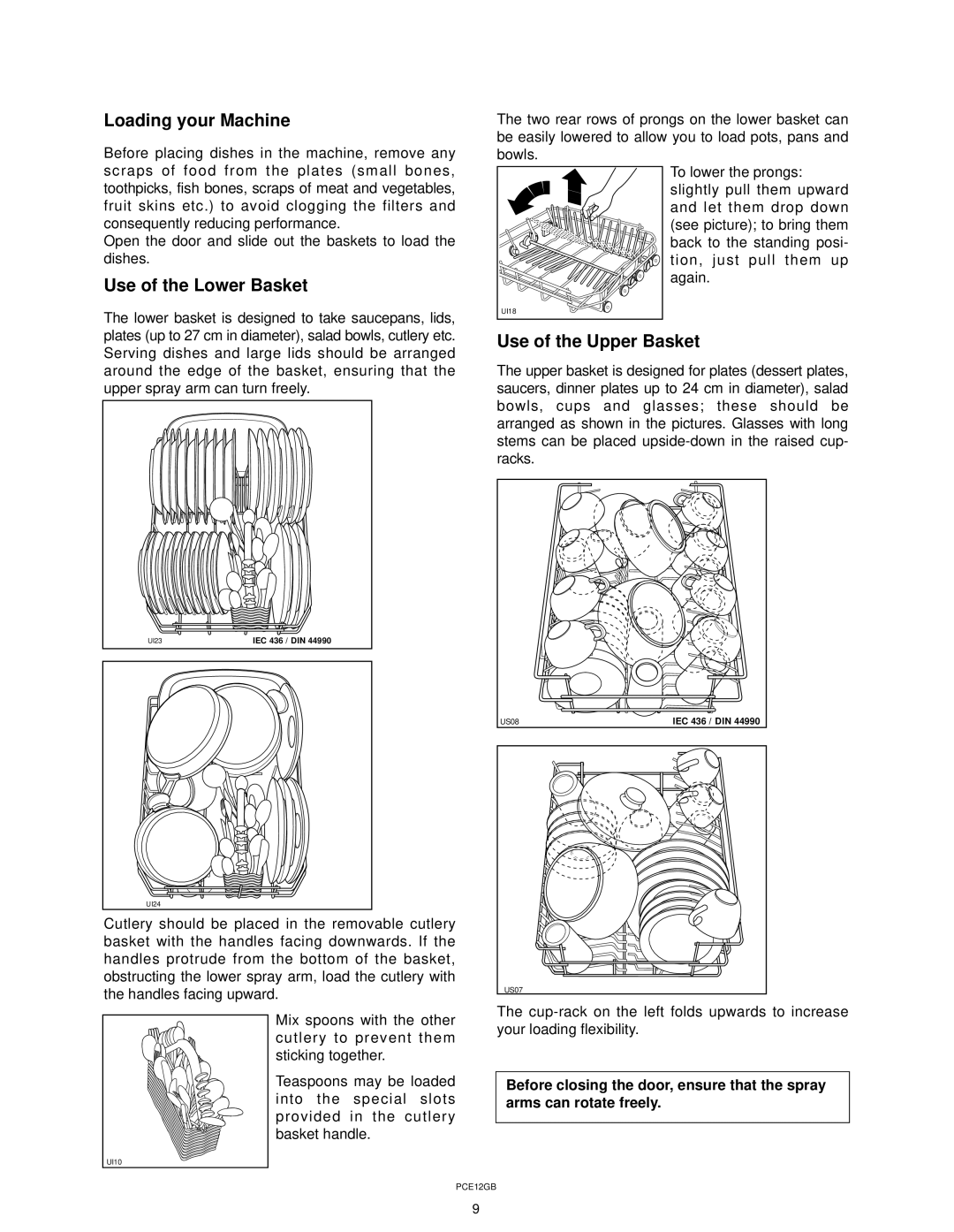 Zanussi ZT 415 manual Loading your Machine, Use of the Lower Basket, Use of the Upper Basket 