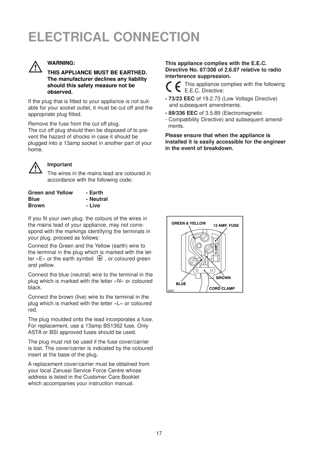 Zanussi ZT 45/30 manual Electrical Connection, Green and Yellow Earth Blue Neutral Brown Live 