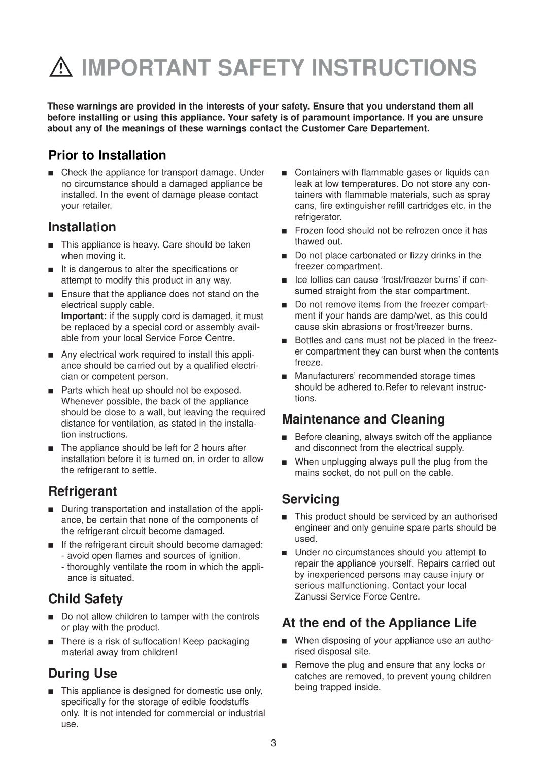 Zanussi ZT 45/30 manual Important Safety Instructions 