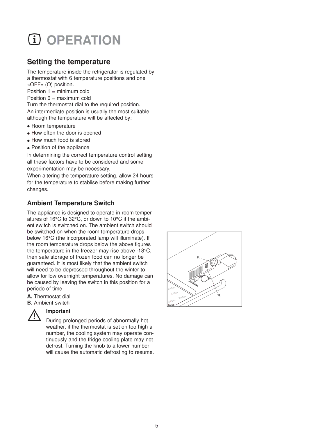 Zanussi ZT 45/30 manual Operation, Setting the temperature 