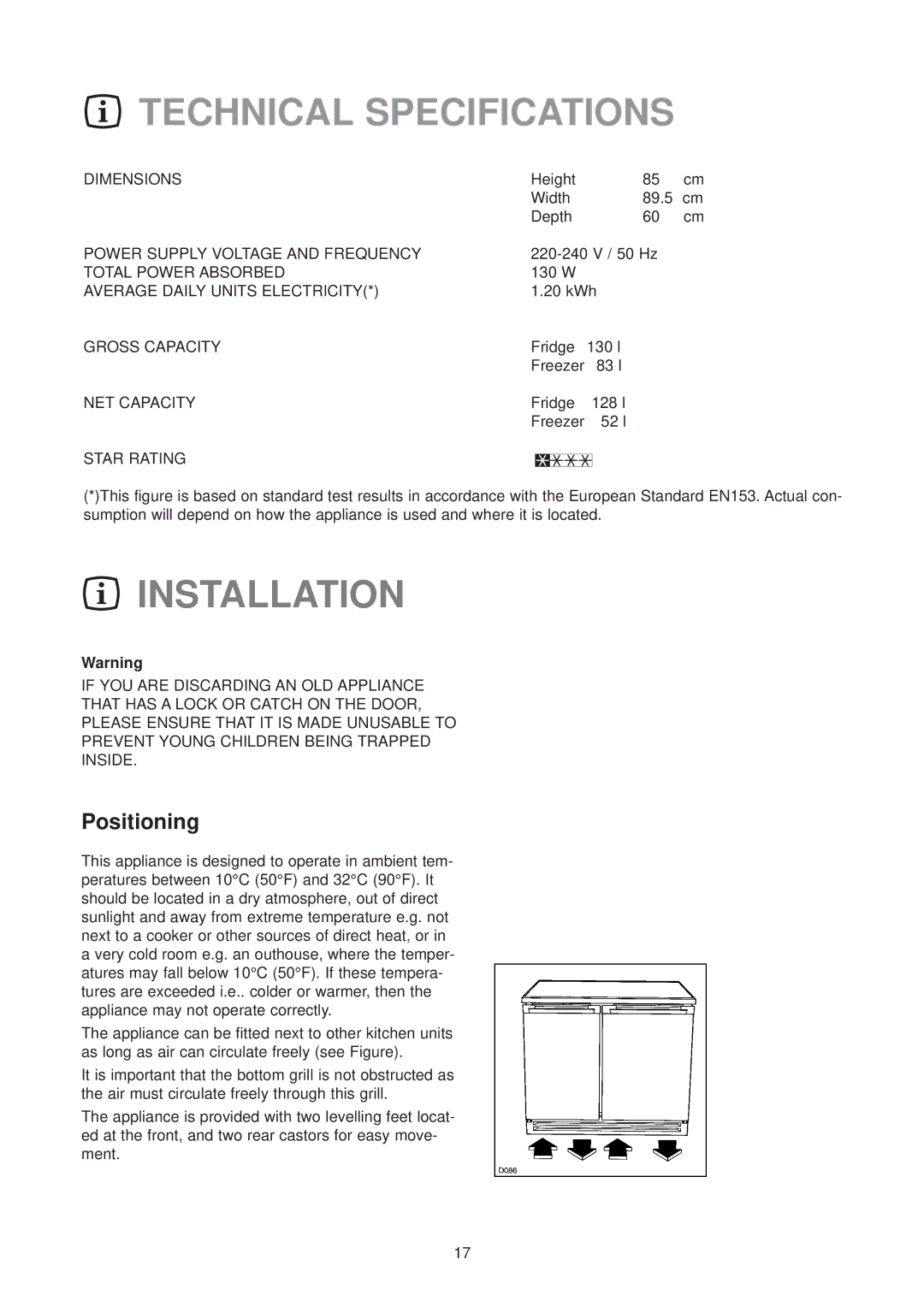 Zanussi ZT 46/30 SS manual Technical Specifications, Installation, Positioning 