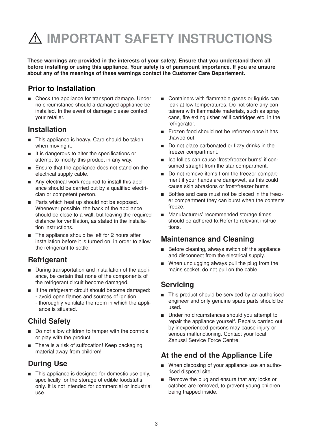 Zanussi ZT 46/30 SS manual Important Safety Instructions 