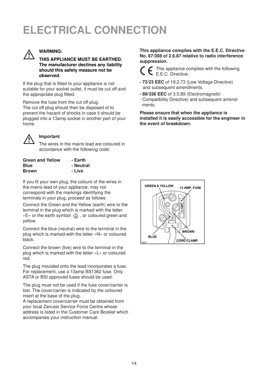 Zanussi ZT 51 RL manual Electrical Connection, Green and Yellow Earth Blue Neutral Brown Live 