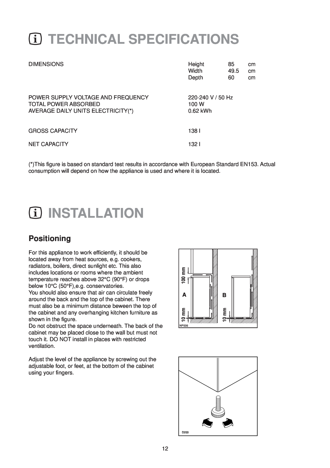 Zanussi ZT 51 RL manual Technical Specifications, Installation, Positioning 