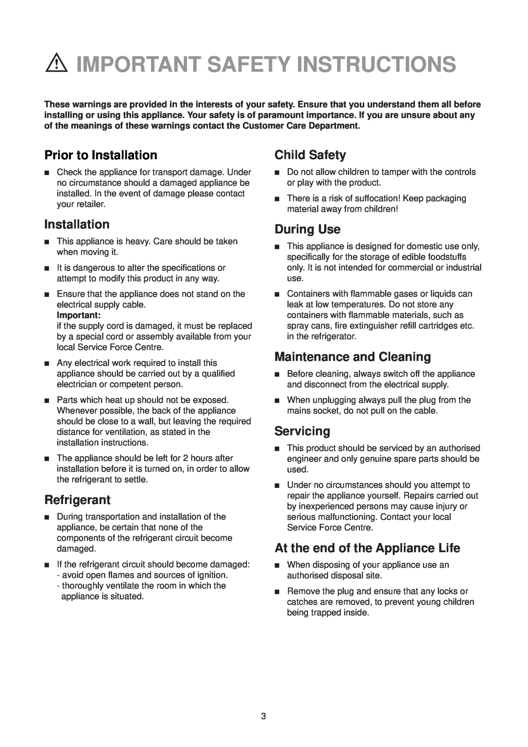 Zanussi ZT 51 RL Important Safety Instructions, Prior to Installation, Child Safety, Refrigerant, During Use, Servicing 