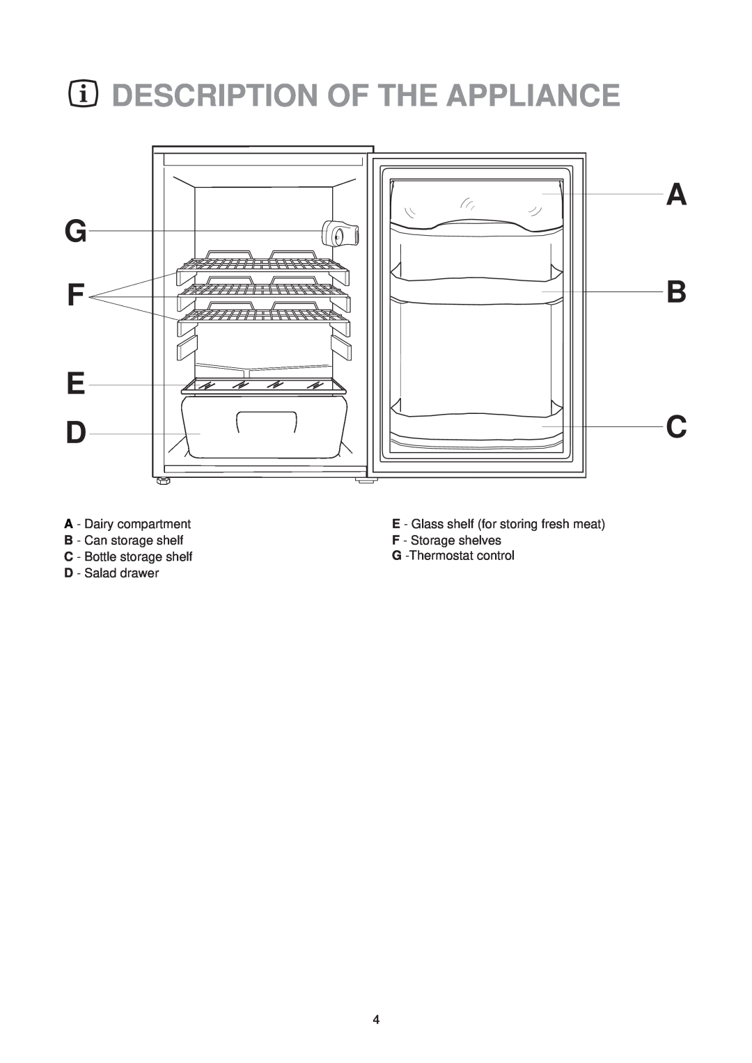 Zanussi ZT 51 RL manual Description Of The Appliance, G F E D 