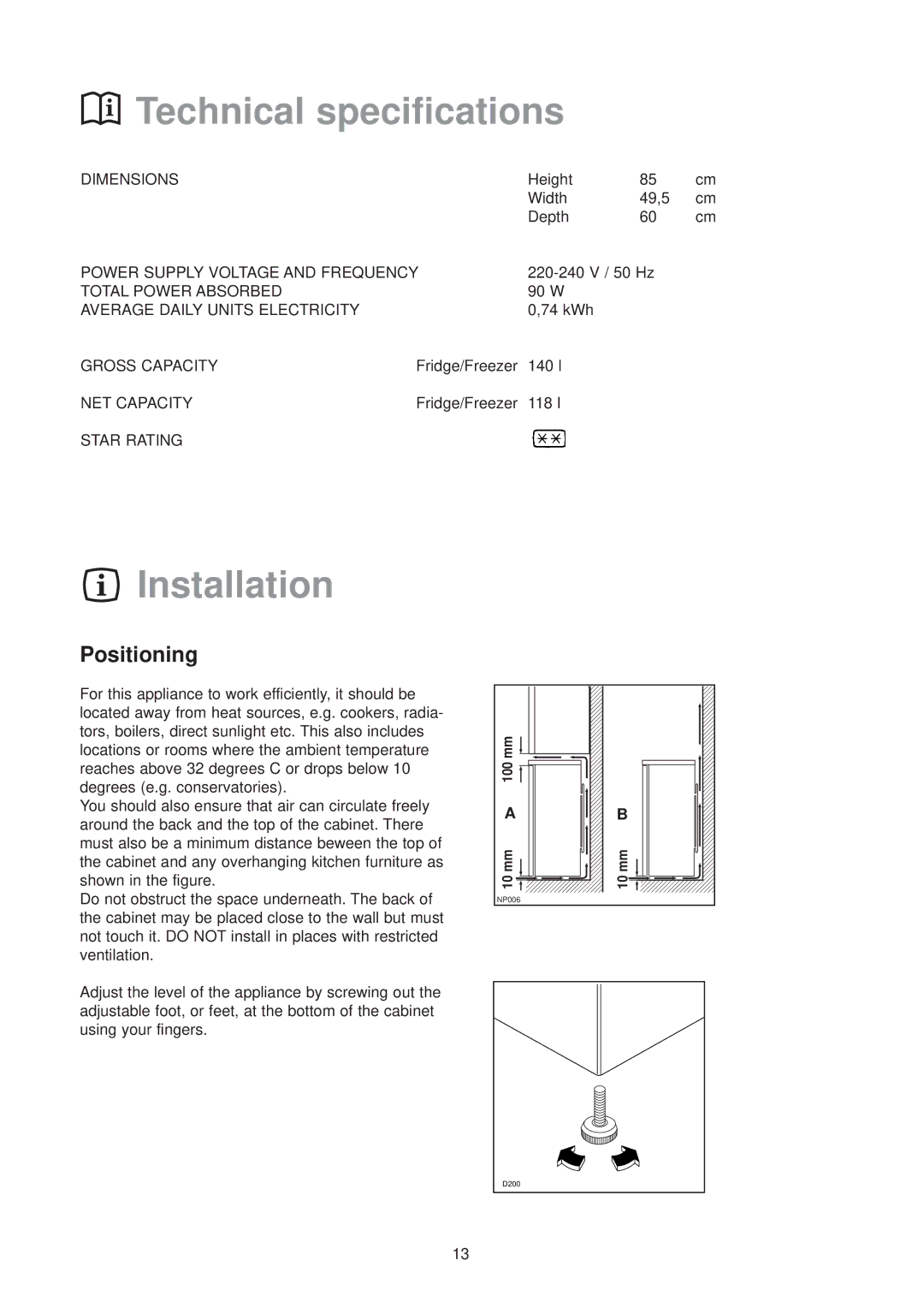 Zanussi ZT 51/2 R manual Technical specifications, Installation, Positioning 