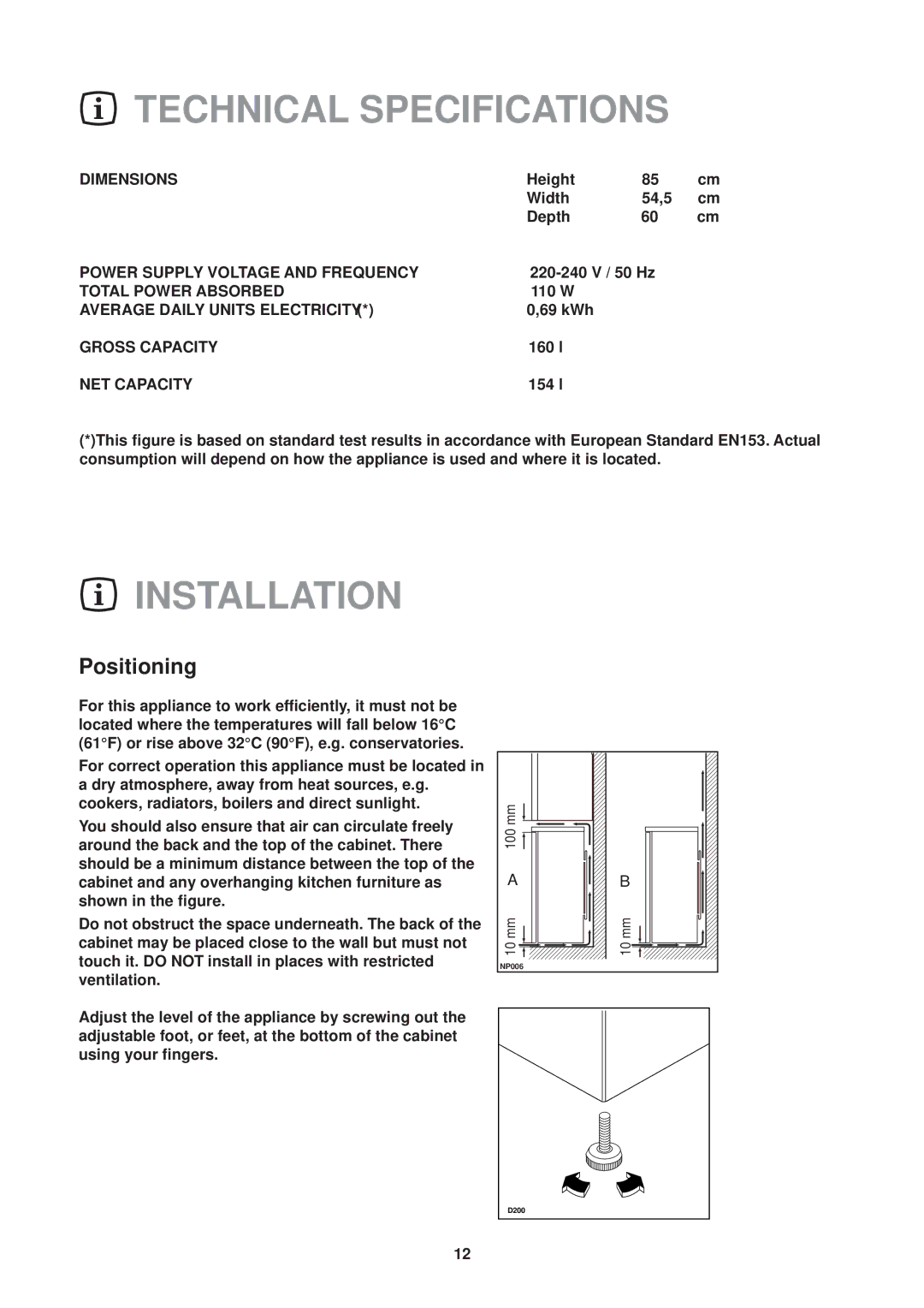 Zanussi ZT 56 RA manual Technical Specifications, Installation, Positioning 