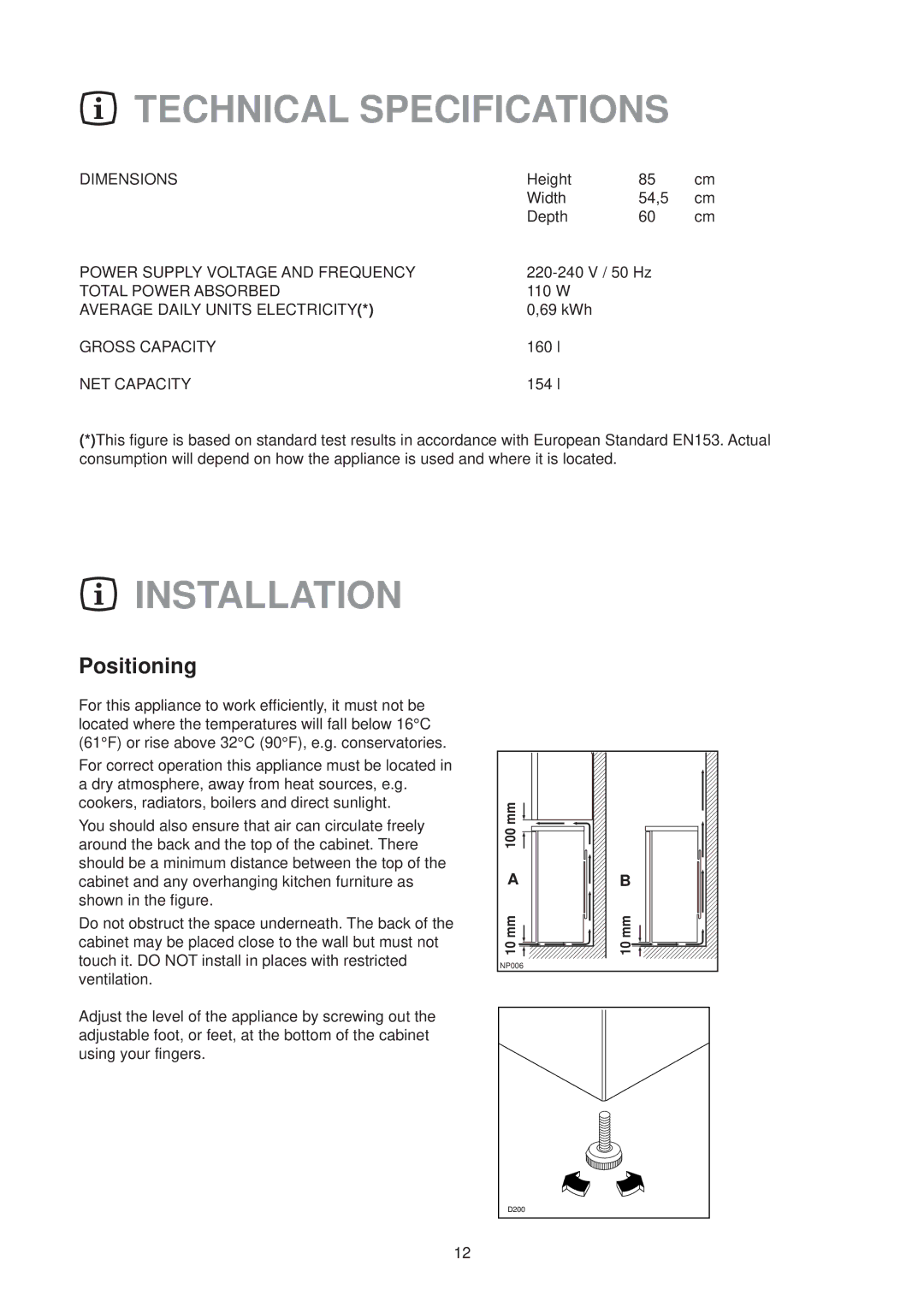 Zanussi ZT 56 RL manual Technical Specifications, Installation, Positioning 