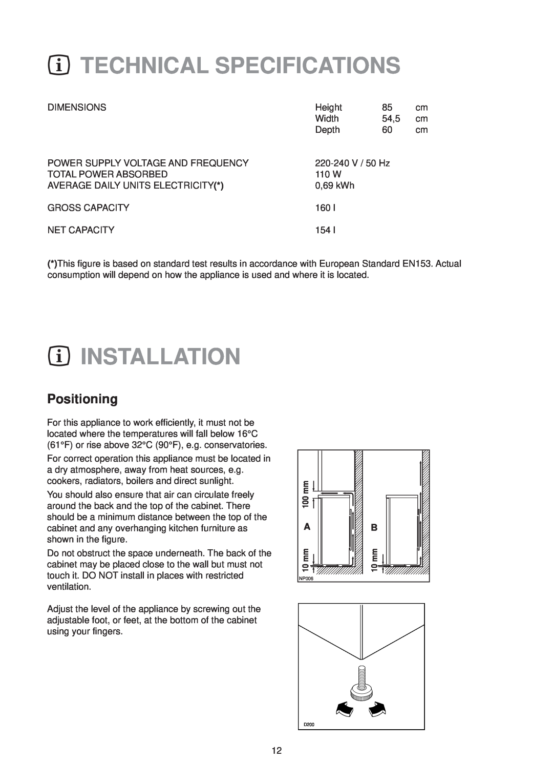 Zanussi ZT 56 RL manual Technical Specifications, Installation, Positioning 