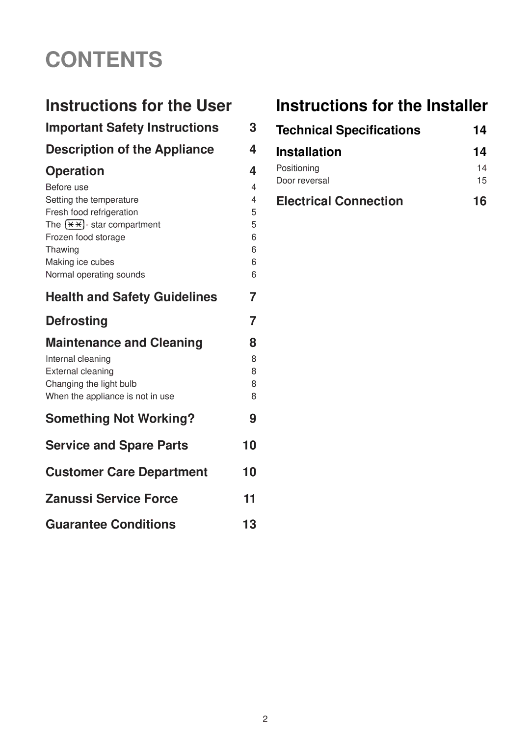 Zanussi ZT 56/2 R manual Contents 