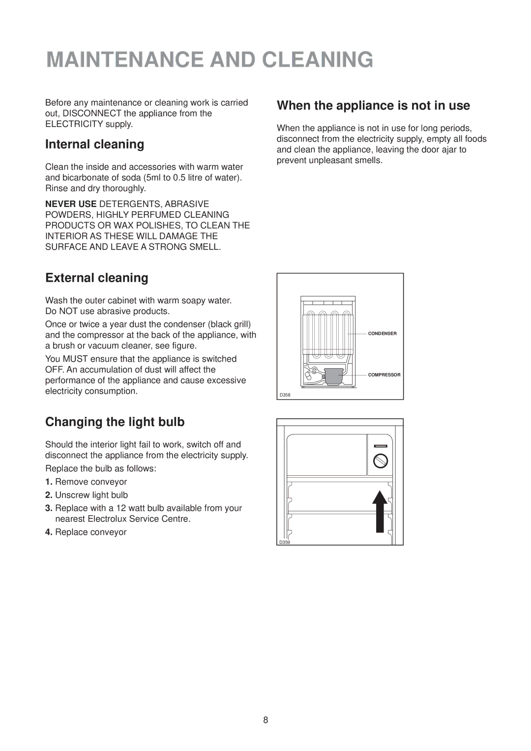 Zanussi ZT 56/2 R manual Maintenance and Cleaning, Internal cleaning, External cleaning, Changing the light bulb 