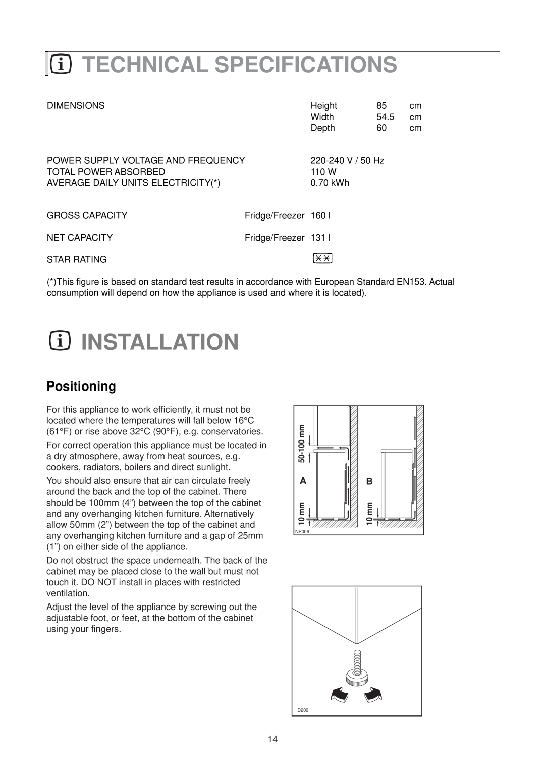 Zanussi ZT 56/2 R manual Technical Specifications, Installation, Positioning 
