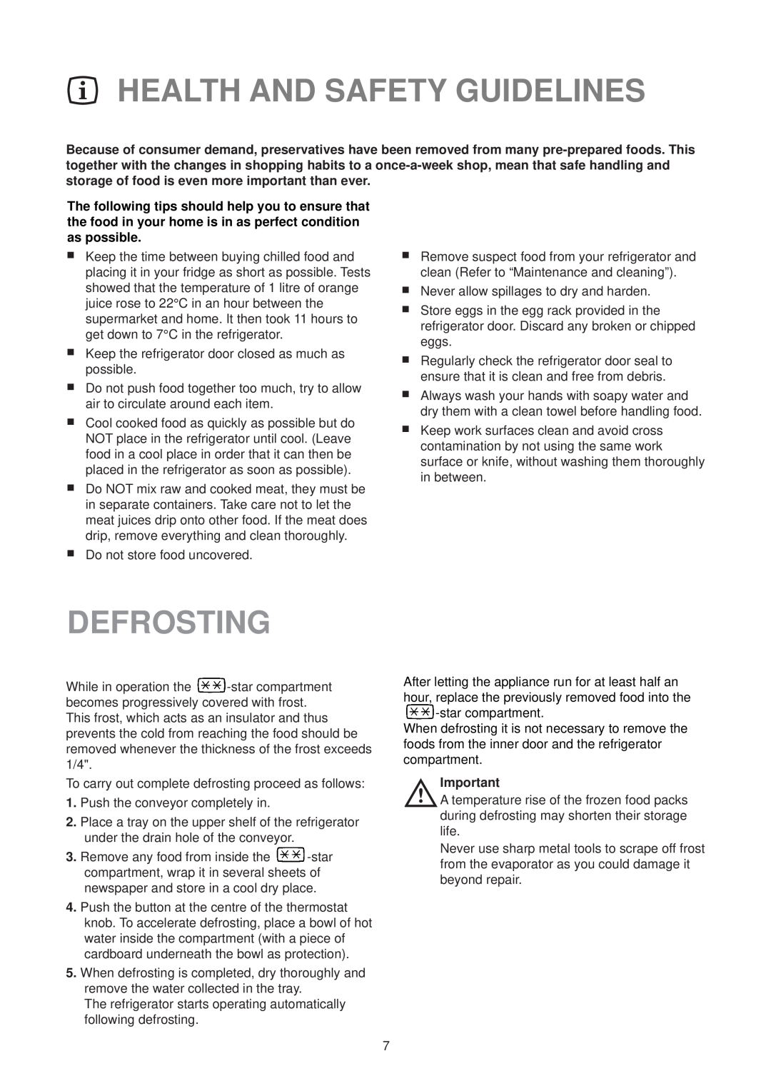 Zanussi ZT 56/2 R manual Health And Safety Guidelines, Defrosting 