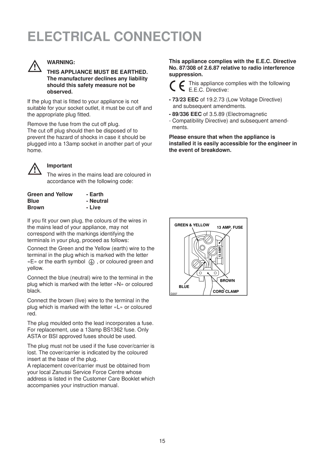 Zanussi ZT 57 RM manual Electrical Connection, Green and Yellow Earth Blue Neutral Brown Live 