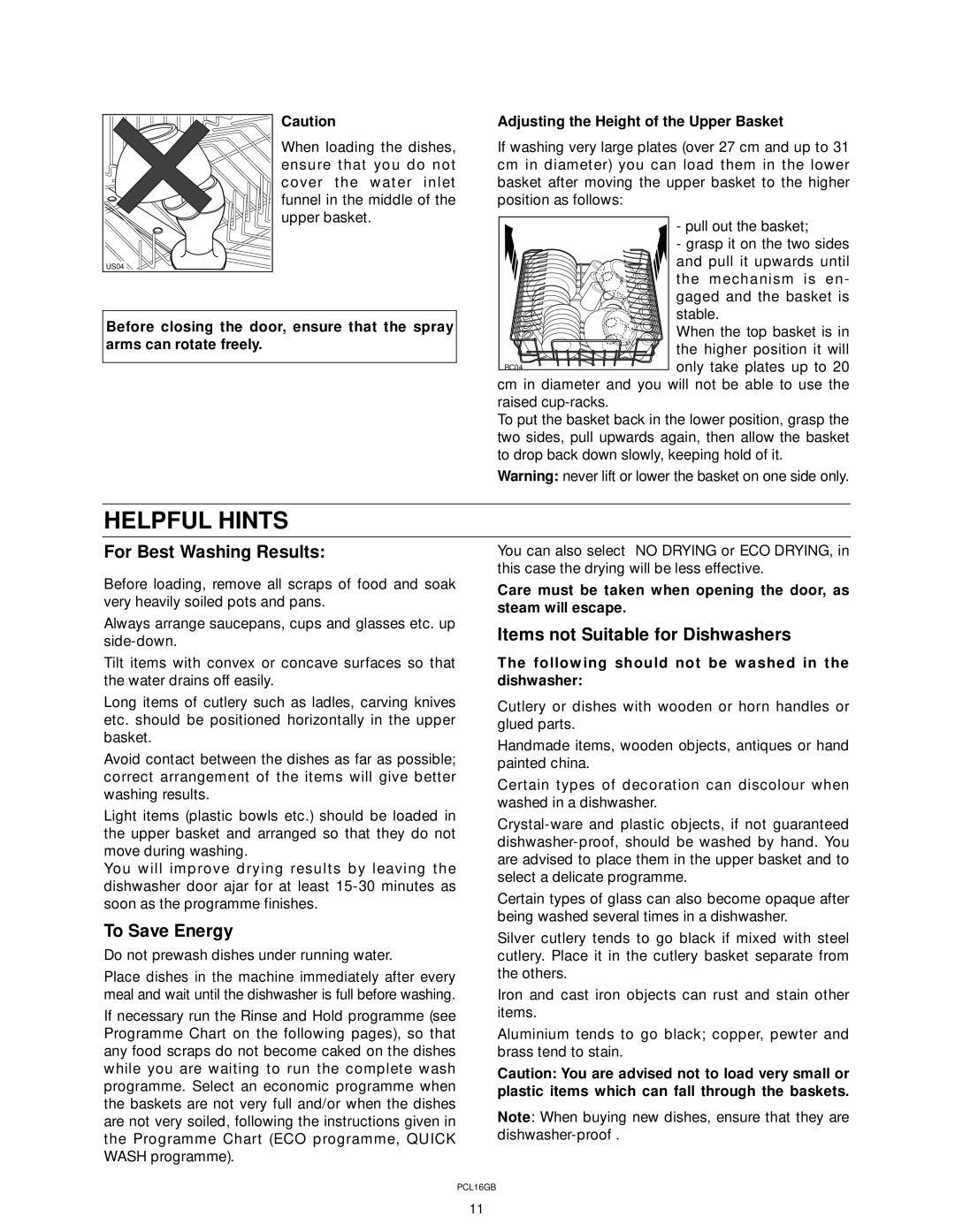 Zanussi ZT 617 manual Helpful Hints, Adjusting the Height of the Upper Basket 