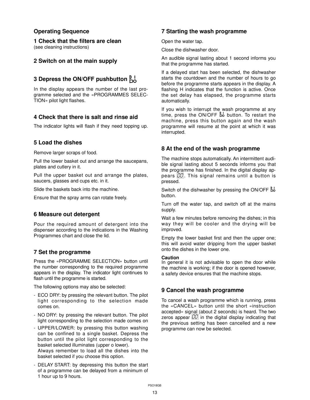 Zanussi ZT 617 manual Operating Sequence Check that the filters are clean, Check that there is salt and rinse aid 