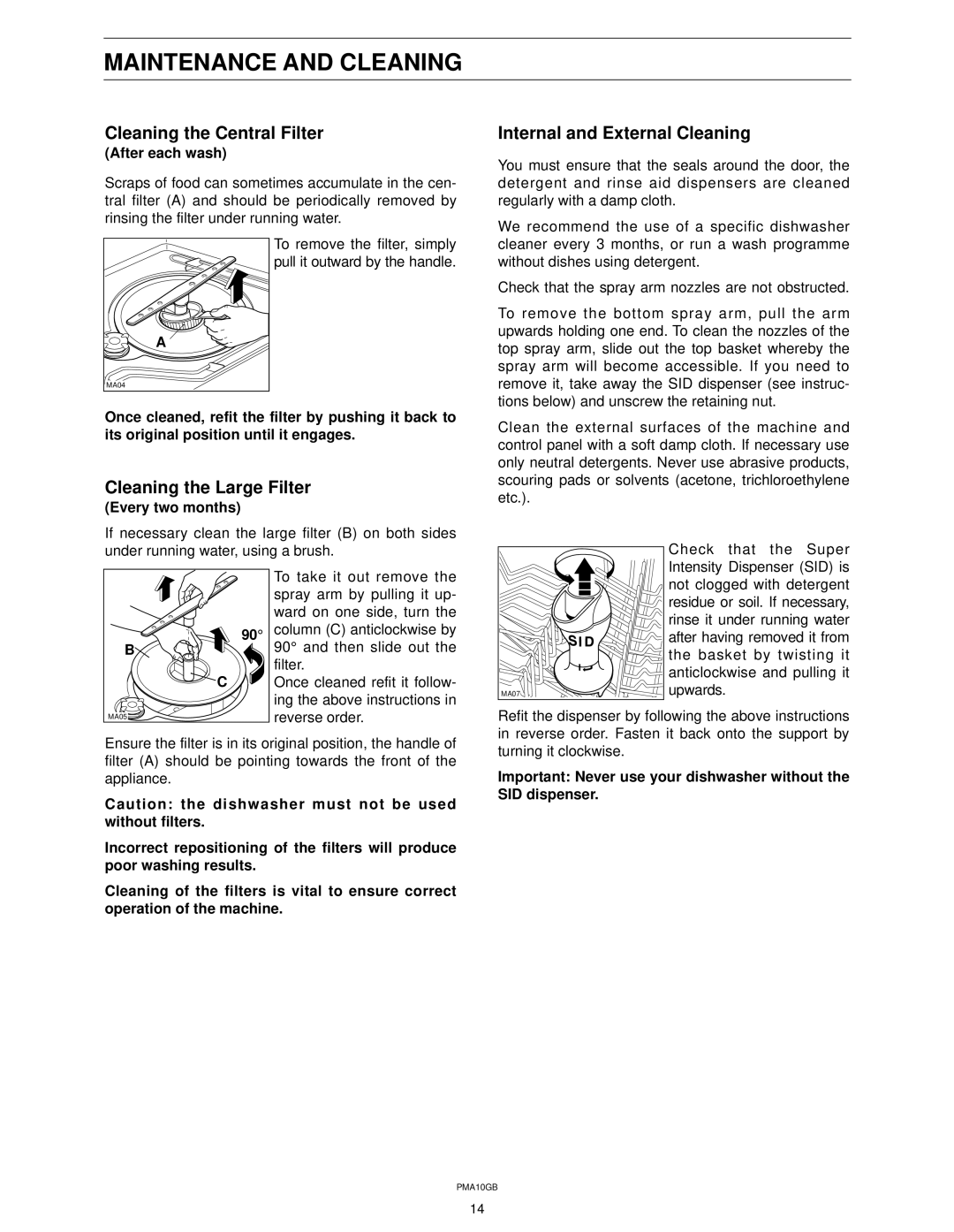 Zanussi ZT 617 manual Maintenance and Cleaning, Cleaning the Central Filter, Internal and External Cleaning 