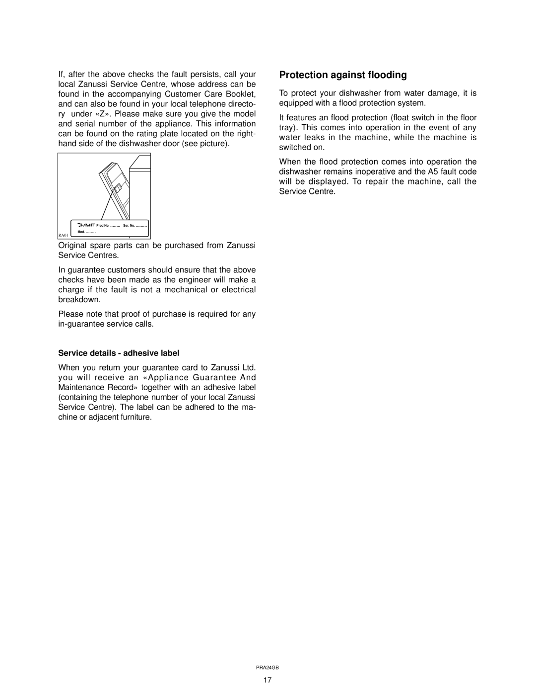 Zanussi ZT 617 manual Protection against flooding, Service details adhesive label 