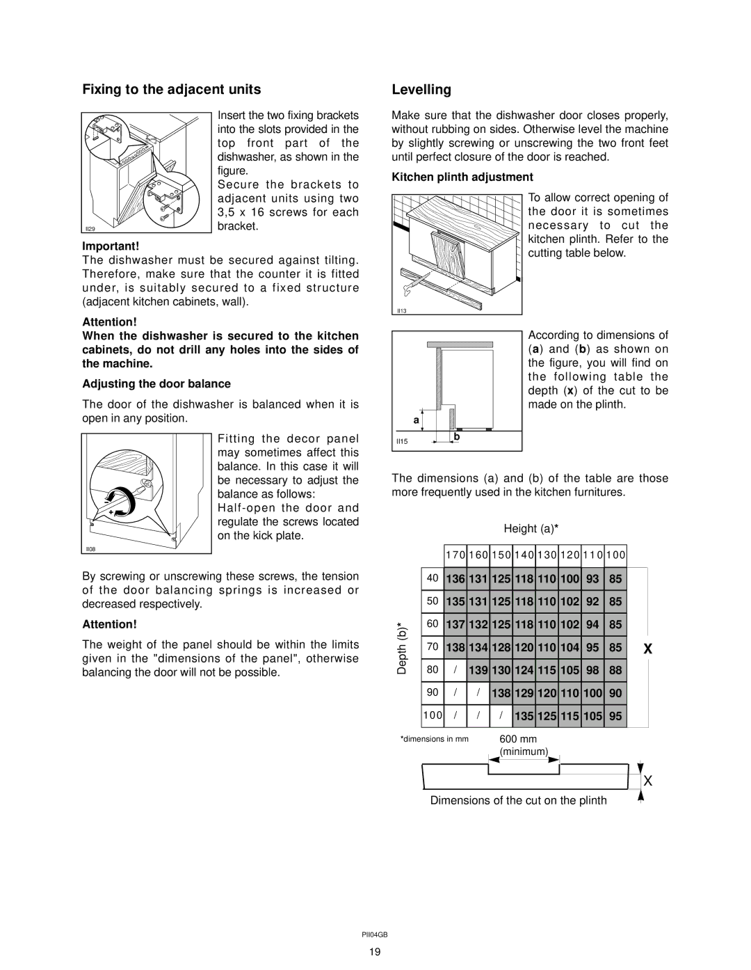 Zanussi ZT 617 manual Fixing to the adjacent units Levelling, Kitchen plinth adjustment 