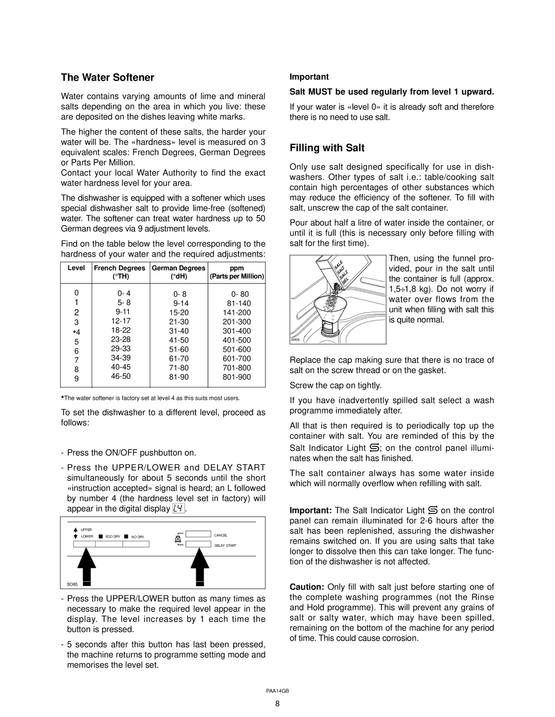 Zanussi ZT 617 manual Water Softener, Filling with Salt, Salt Must be used regularly from level 1 upward 