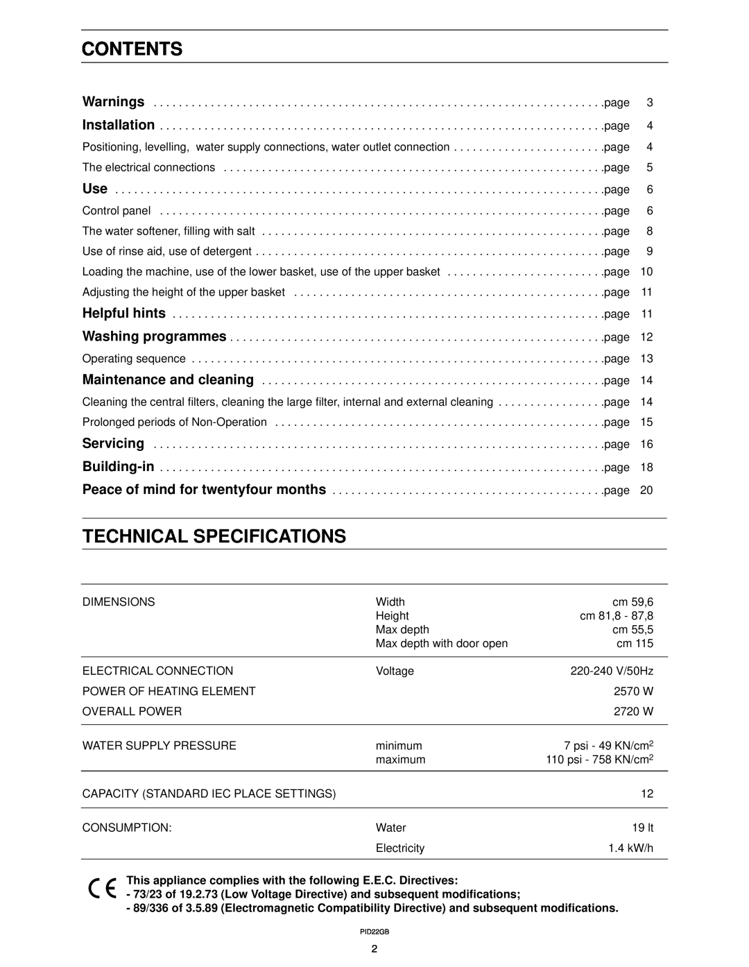 Zanussi ZT 617 manual Contents, Technical Specifications 