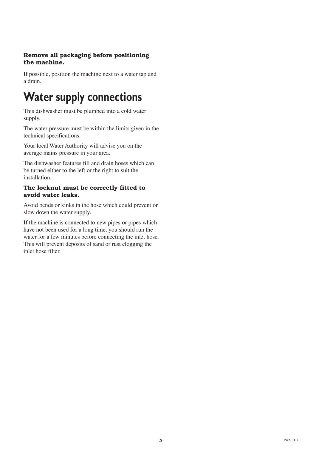 Zanussi ZT 6810 manual Water supply connections, Remove all packaging before positioning the machine 