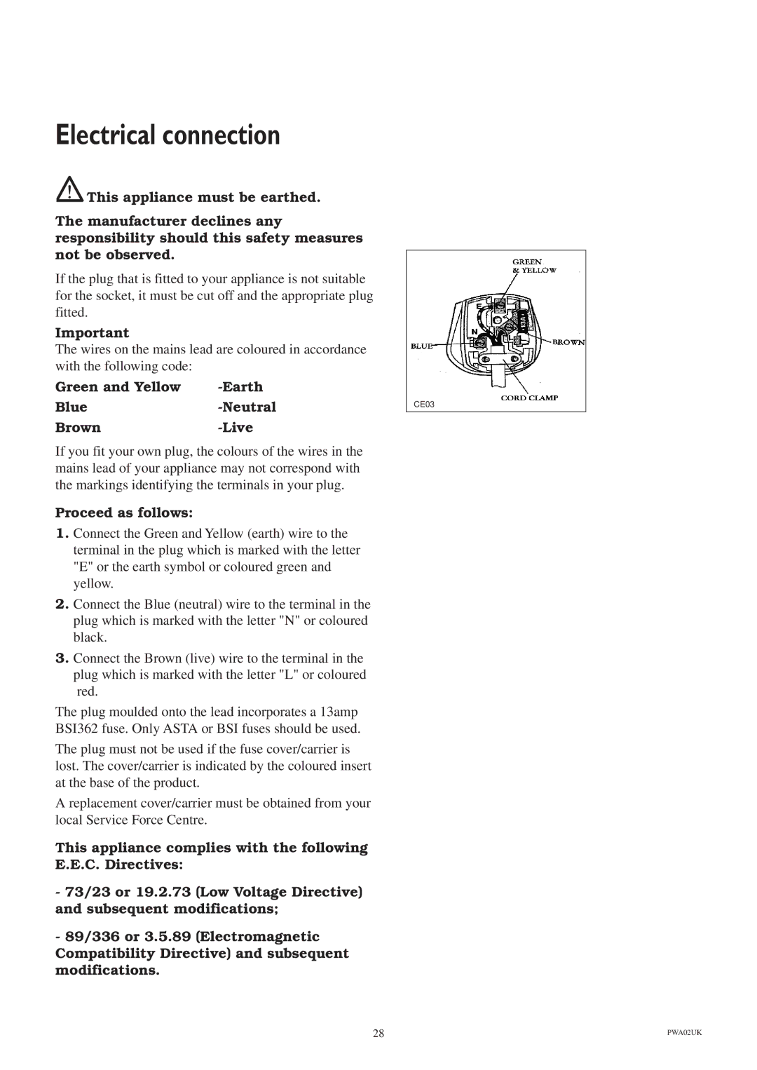 Zanussi ZT 6810 manual Electrical connection, Green and Yellow Earth Blue Neutral Brown Live, Proceed as follows 