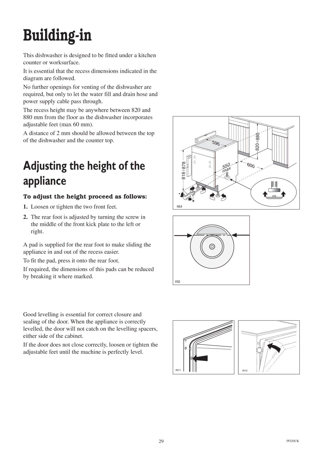 Zanussi ZT 6810 manual Building-in, Adjusting the height of the appliance, To adjust the height proceed as follows 