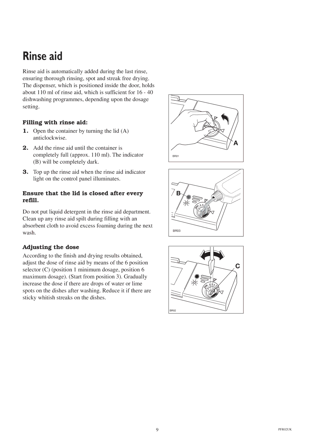 Zanussi ZT 6810 Rinse aid, Filling with rinse aid, Ensure that the lid is closed after every refill, Adjusting the dose 