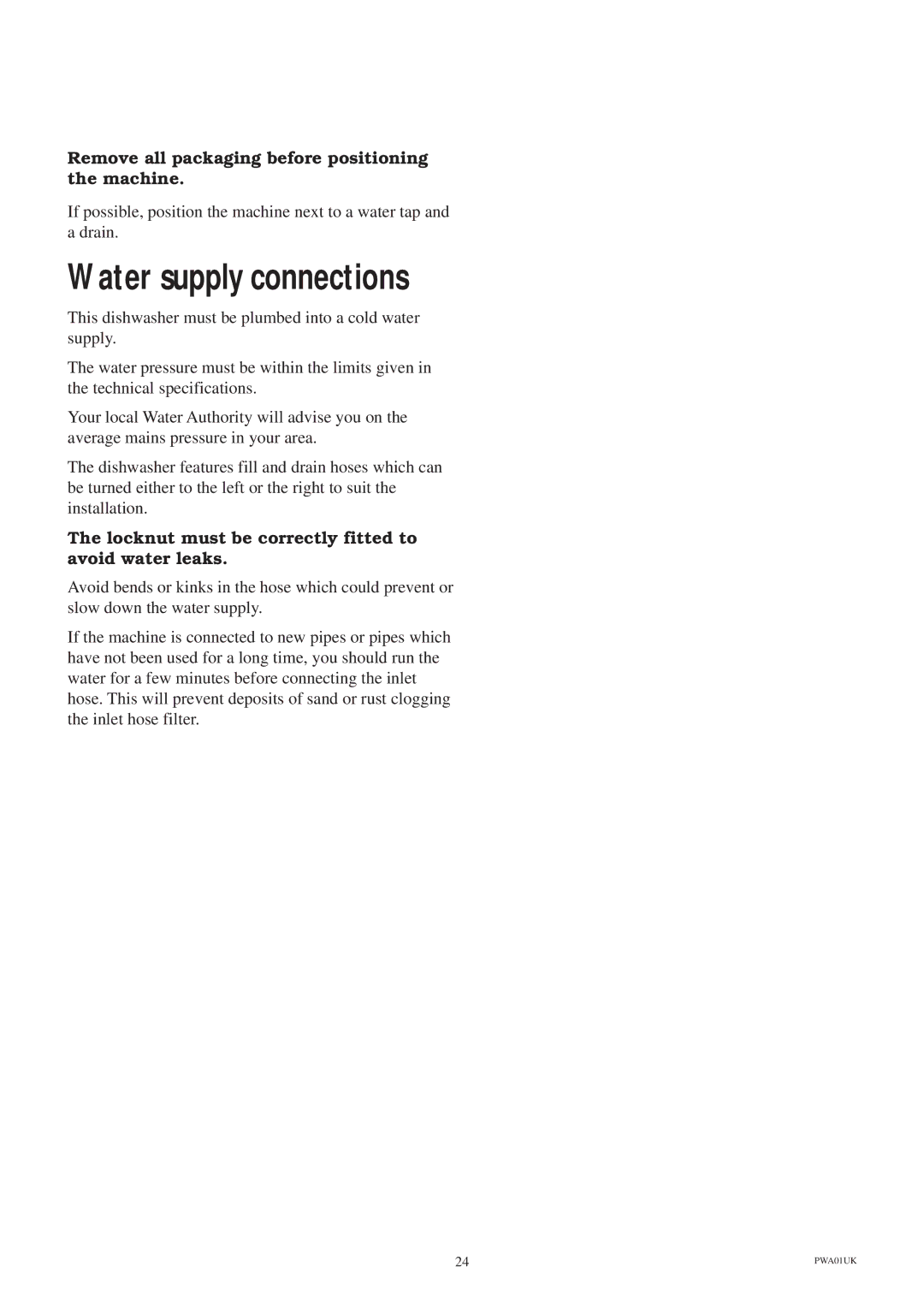 Zanussi ZT 685 manual Water supply connections, Remove all packaging before positioning the machine 