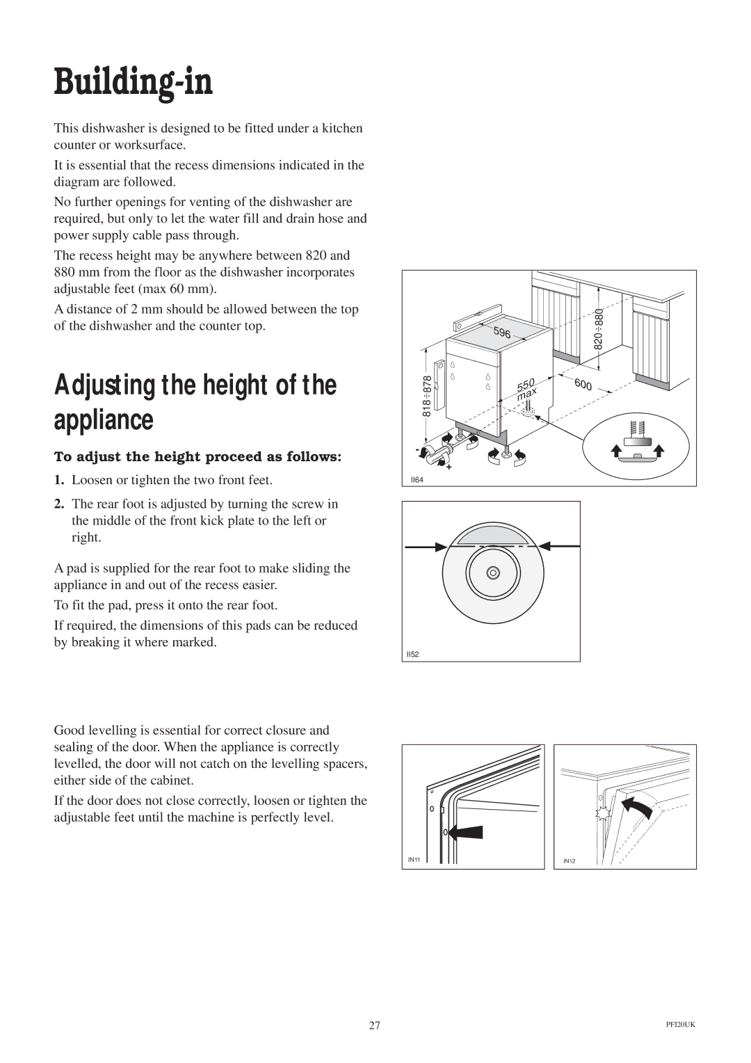 Zanussi ZT 685 manual Building-in, Adjusting the height of the appliance, To adjust the height proceed as follows 