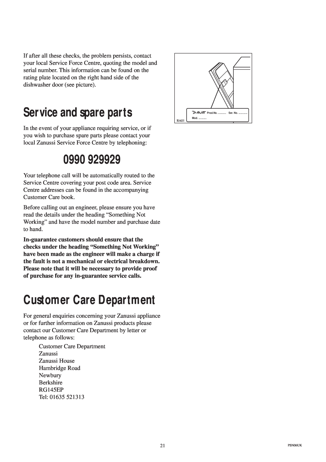 Zanussi ZT 685 manual Service and spare parts, 0990, Customer Care Department 