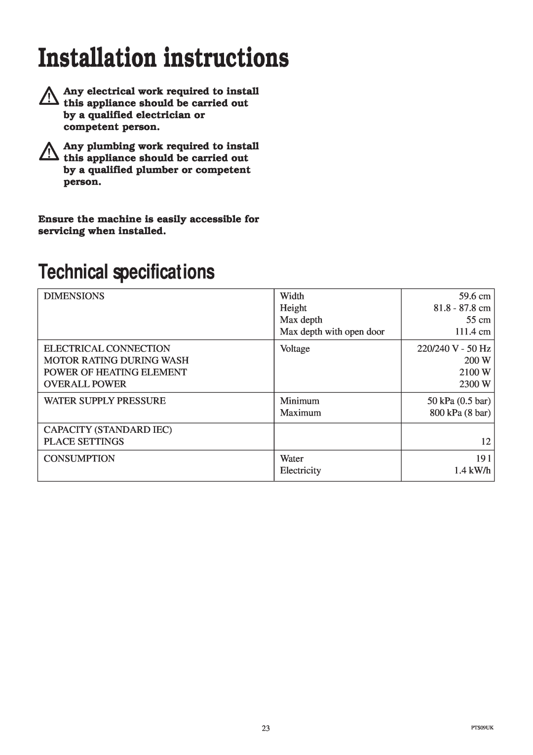 Zanussi ZT 685 manual Installation instructions, Technical specifications 