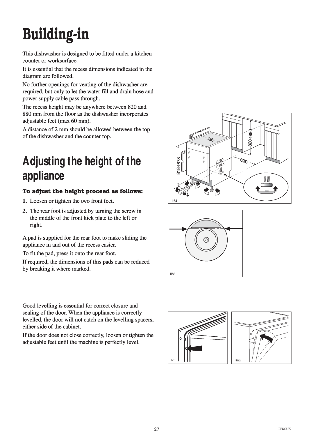 Zanussi ZT 685 manual Building-in, Adjusting the height of the appliance, To adjust the height proceed as follows 