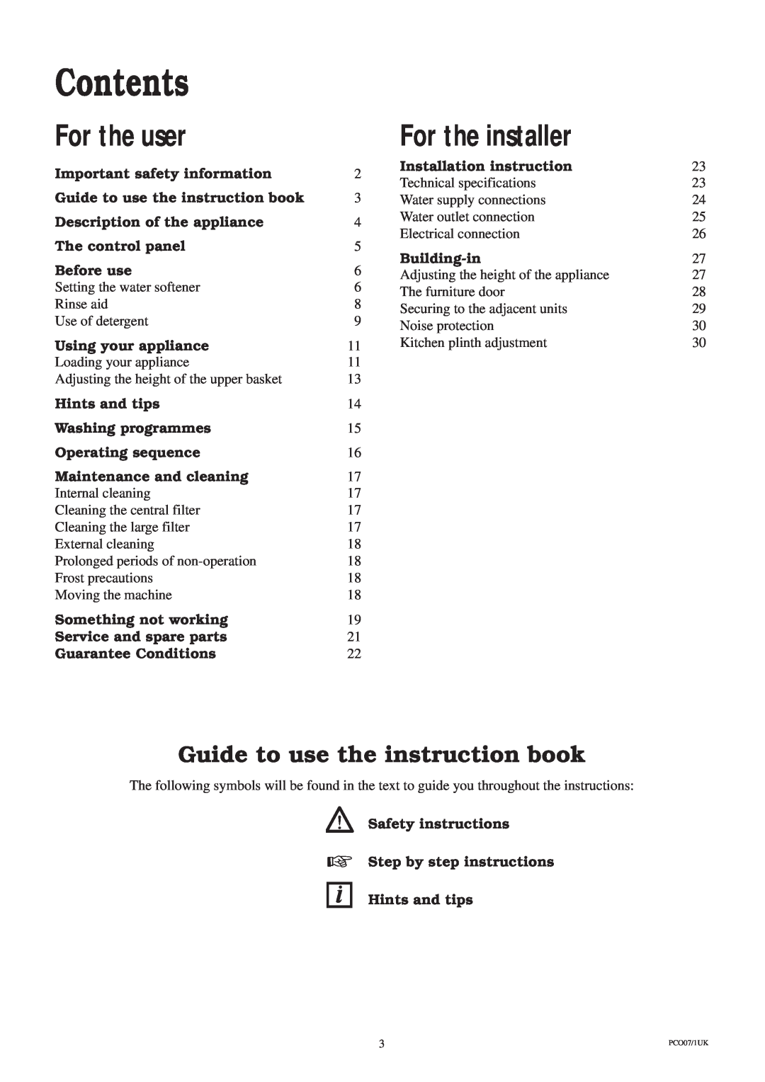 Zanussi ZT 685 Contents, For the user, For the installer, Important safety information, Guide to use the instruction book 