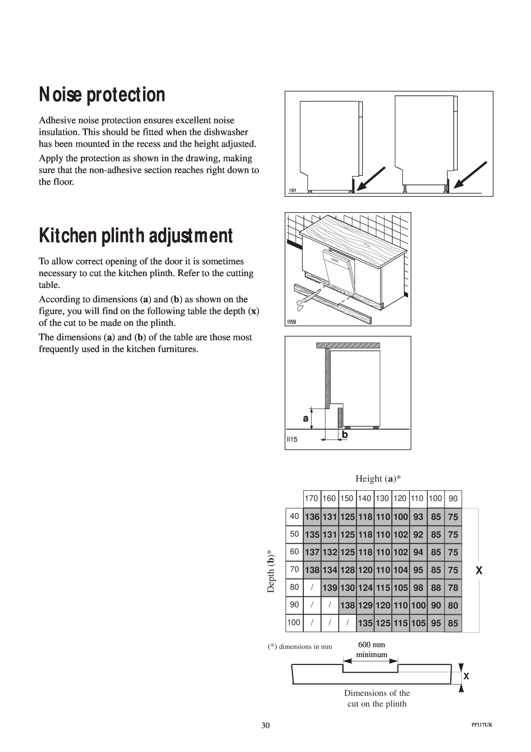 Zanussi ZT 685 manual Noise protection, Depth, Kitchen plinth adjustment 