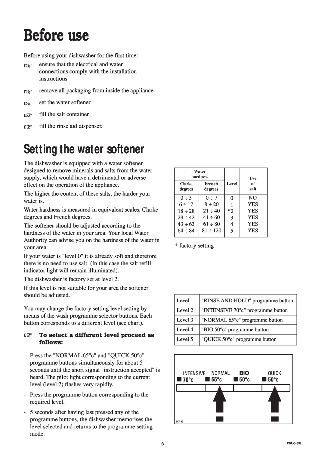 Zanussi ZT 685 manual Before use, Setting the water softener, To select a different level proceed as follows 