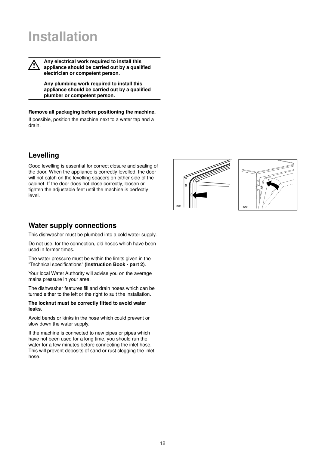 Zanussi ZT 6905 Installation, Levelling, Water supply connections, Remove all packaging before positioning the machine 